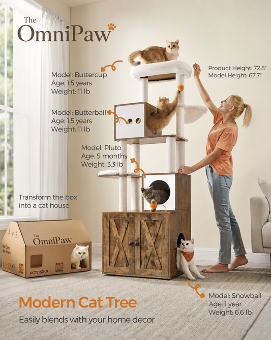 The OmniPaw™ 72.8″ Modern 2-in-1 Cat Tree & Hidden Litter Box Enclosure