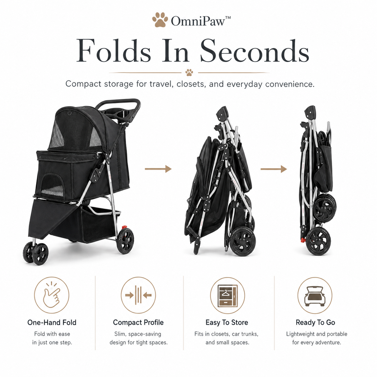 The OmniPaw™ RoverGlide — 3-Wheel Foldable Pet Stroller