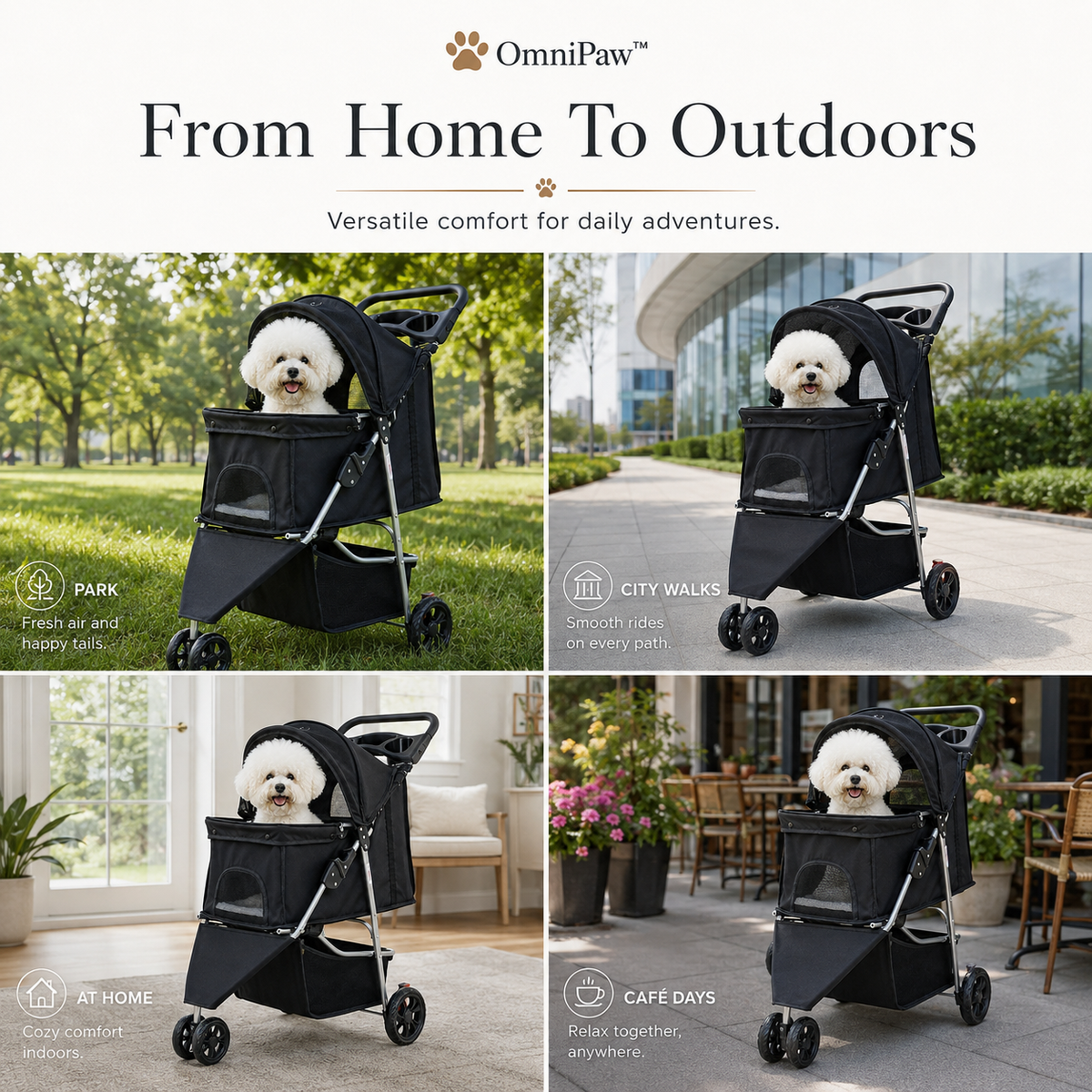 The OmniPaw™ RoverGlide — 3-Wheel Foldable Pet Stroller