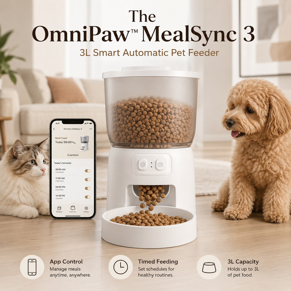 The OmniPaw™ MealSync 3 — 3L Smart Automatic Pet Feeder