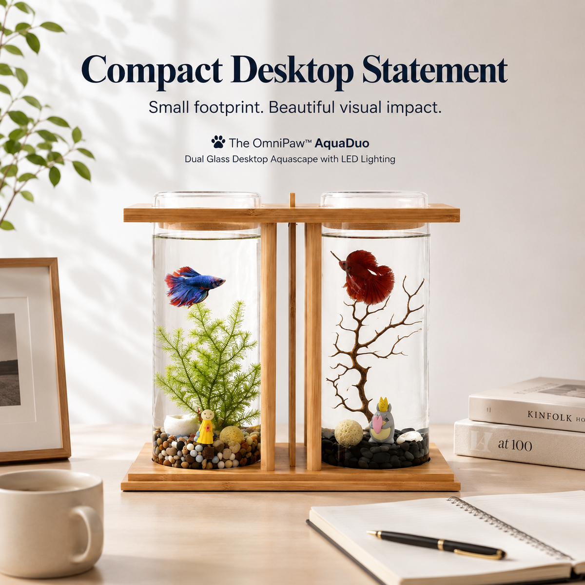 The OmniPaw™ AquaDuo — Dual Glass Desktop Aquascape with LED Lighting