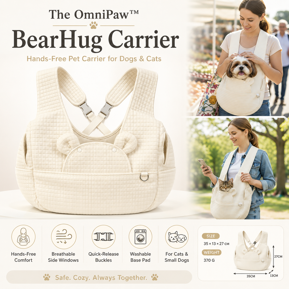 The OmniPaw™ BearHug Carrier — Hands-Free Pet Carrier for Dogs & Cats