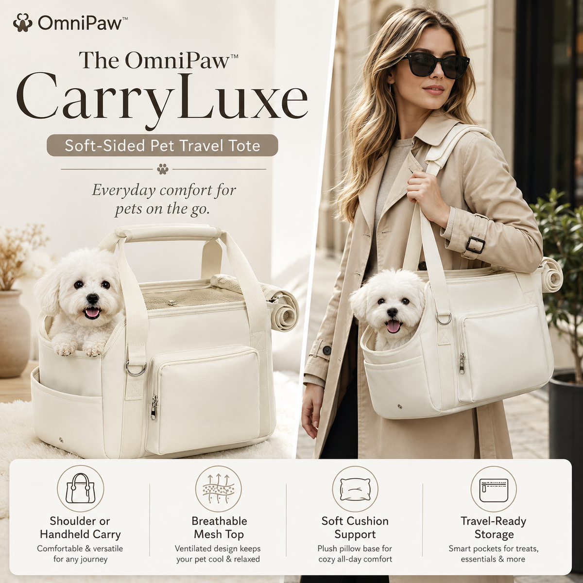 The OmniPaw™ CarryLuxe — Soft-Sided Pet Travel Tote