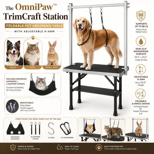 The OmniPaw™ TrimCraft Station — Foldable Pet Grooming Table with Adjustable H-Arm
