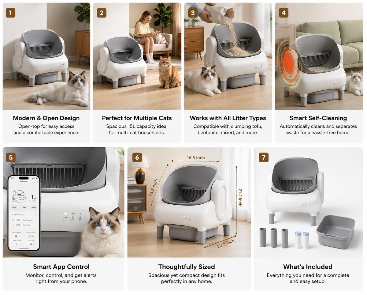 The OmniPaw™ LitterFlow Smart Self-Cleaning Litter Box