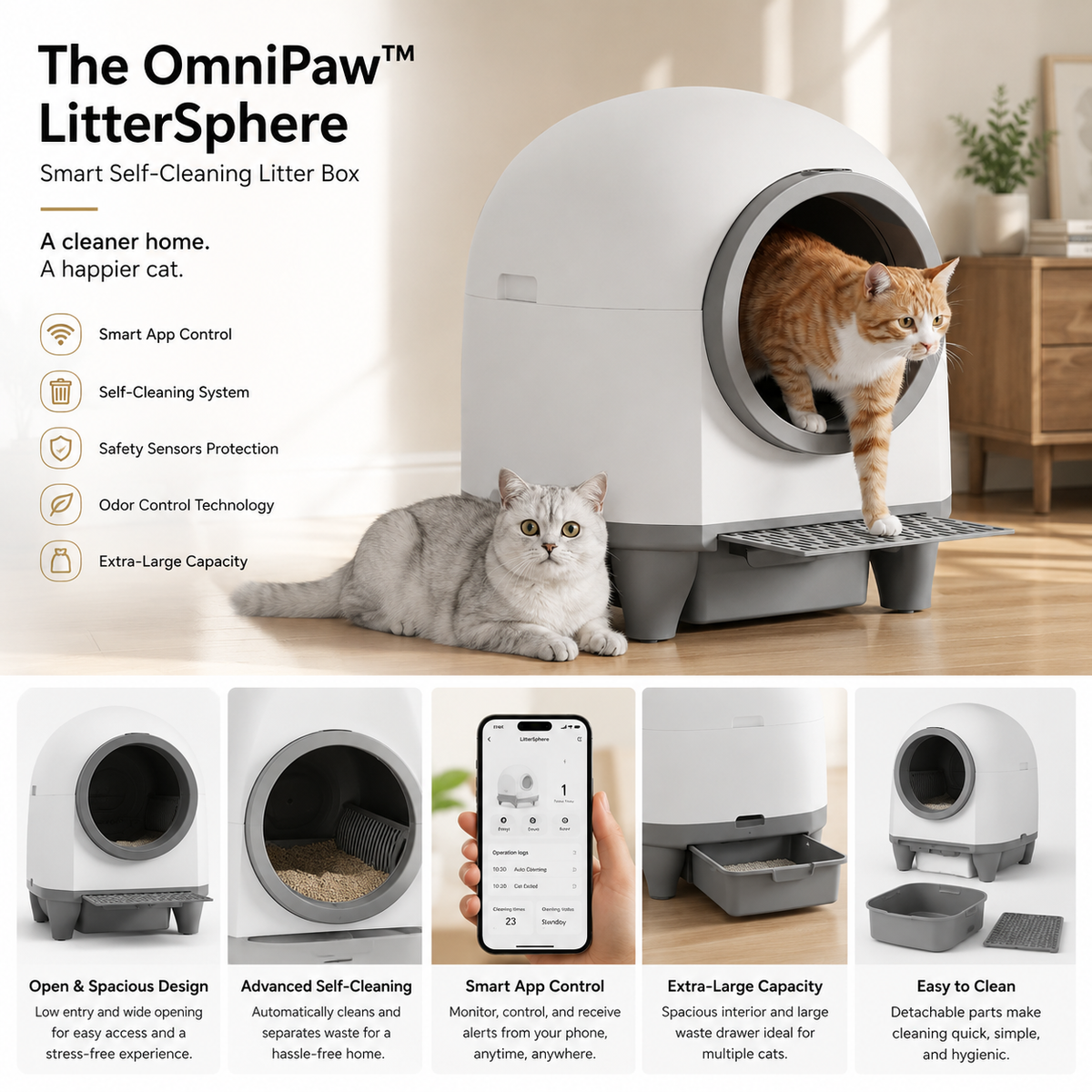 The OmniPaw™ LitterSphere Smart Self-Cleaning Litter Box