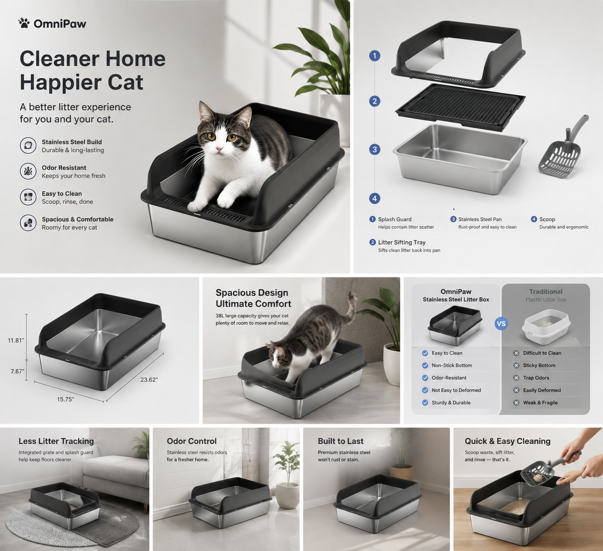 The OmniPaw™ CleanNest Stainless Steel Litter Box