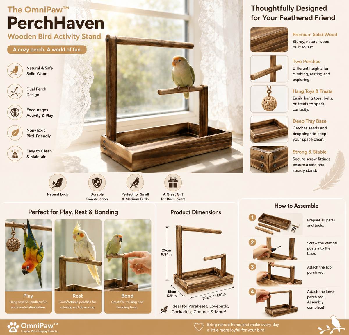 The OmniPaw™ PerchHaven Wooden Bird Activity Stand