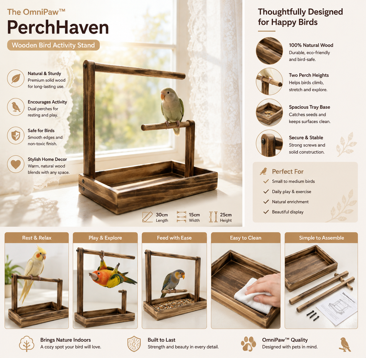 The OmniPaw™ PerchHaven Wooden Bird Activity Stand
