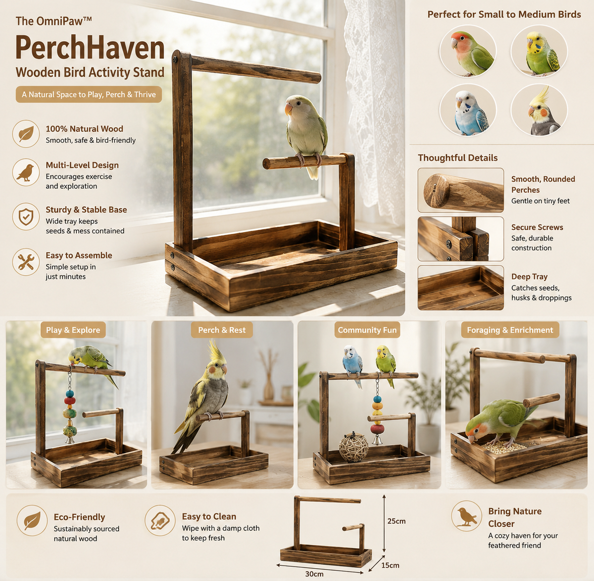 The OmniPaw™ PerchHaven Wooden Bird Activity Stand