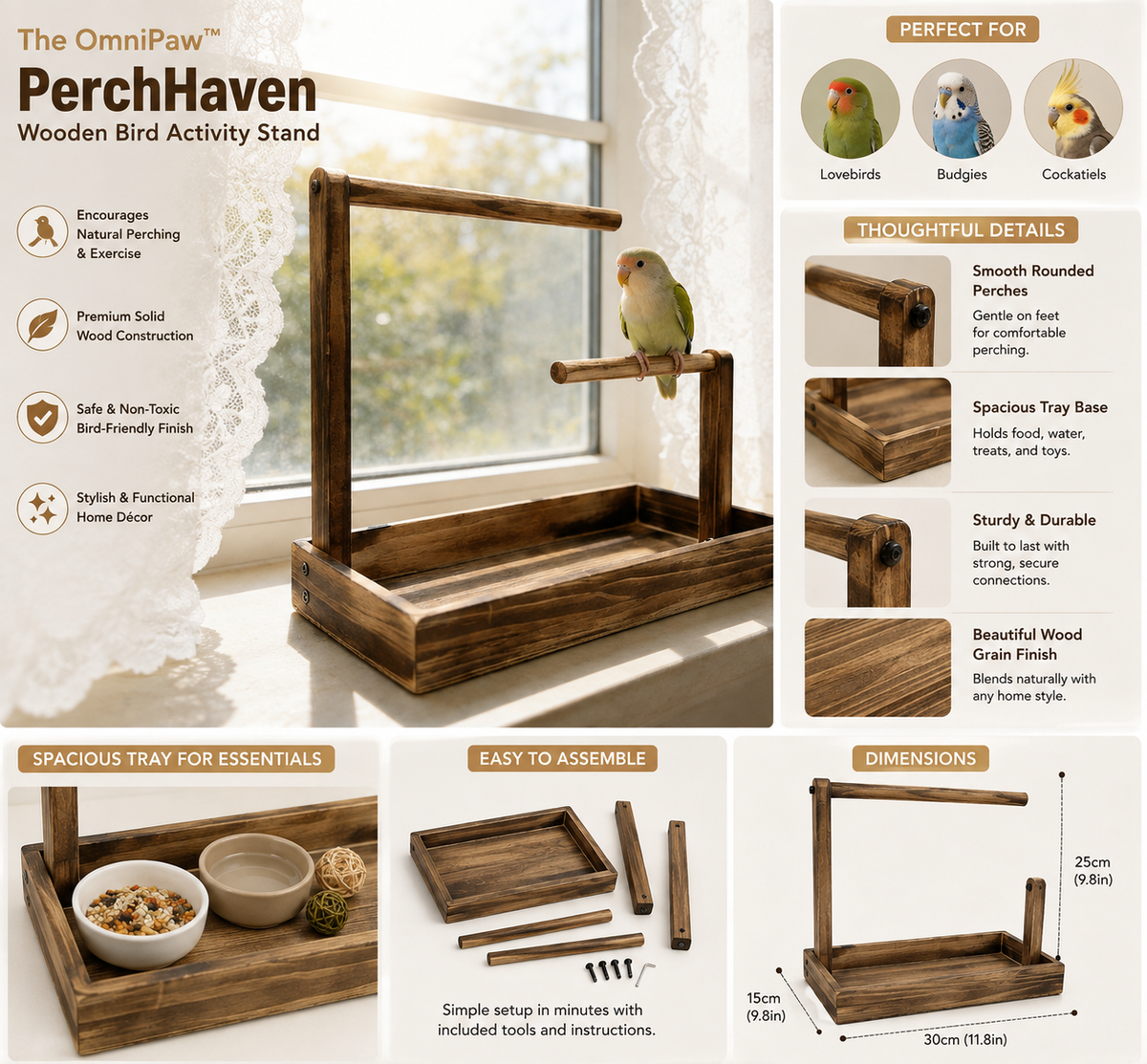 The OmniPaw™ PerchHaven Wooden Bird Activity Stand