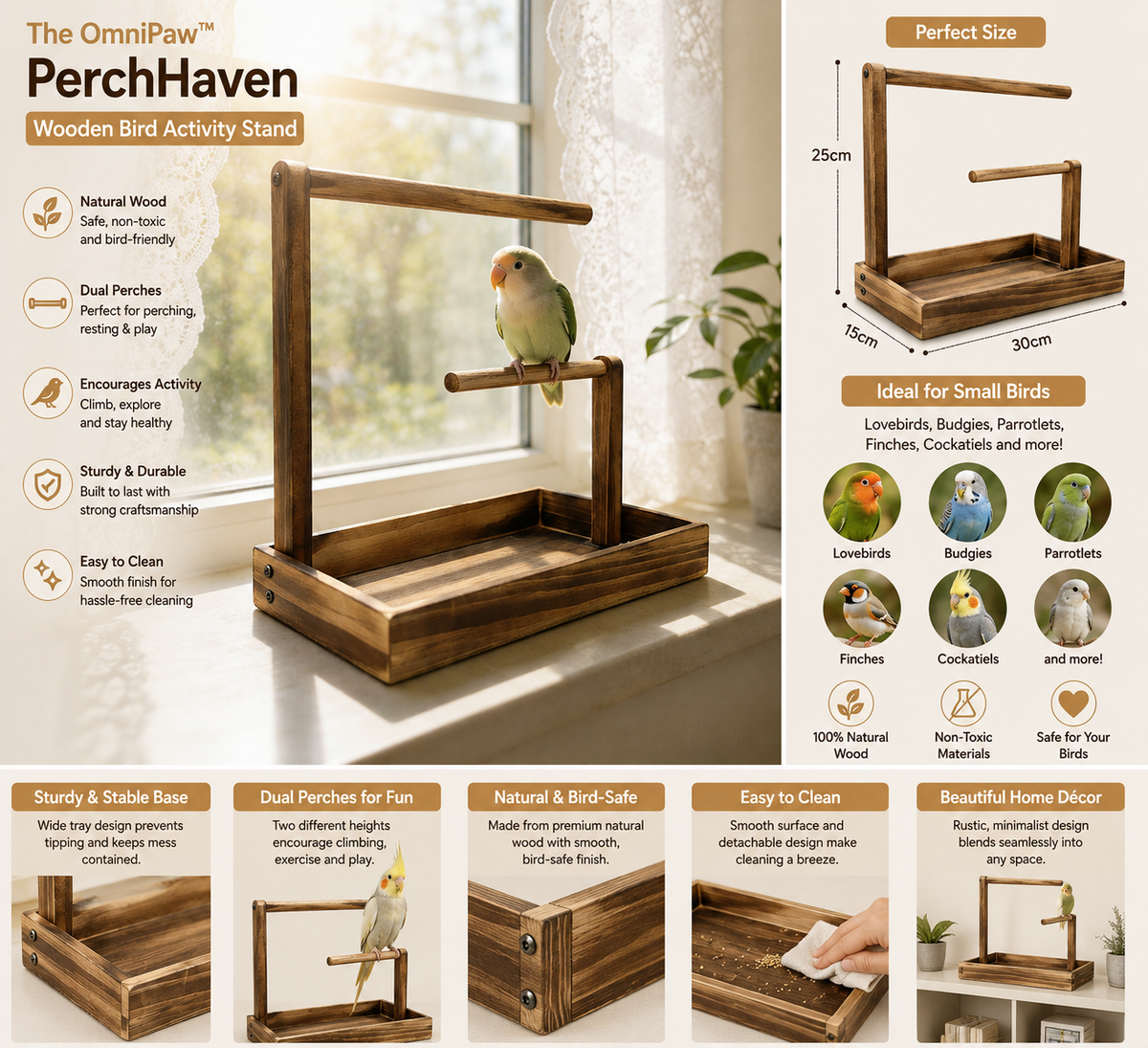 The OmniPaw™ PerchHaven Wooden Bird Activity Stand