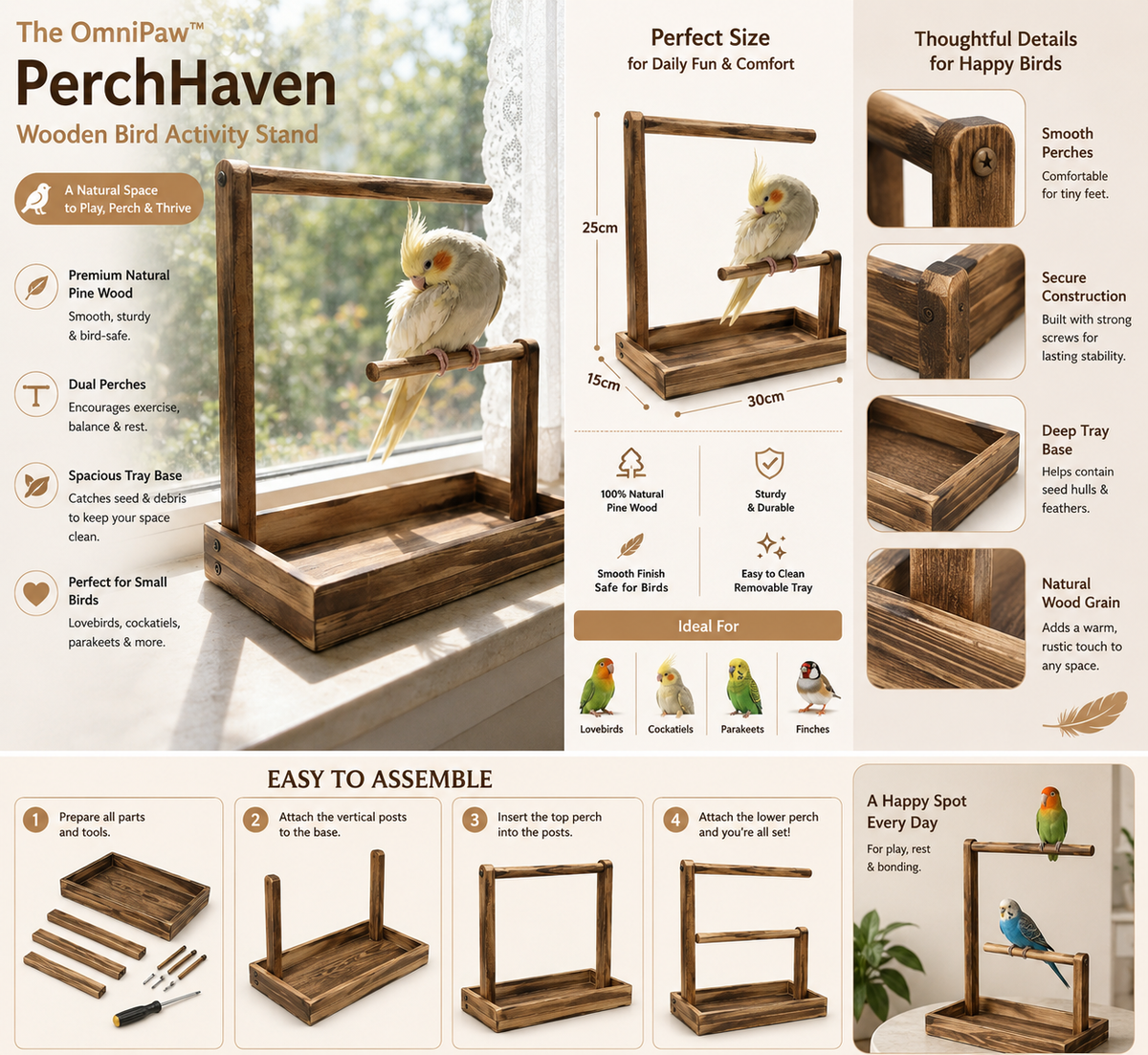 The OmniPaw™ PerchHaven Wooden Bird Activity Stand
