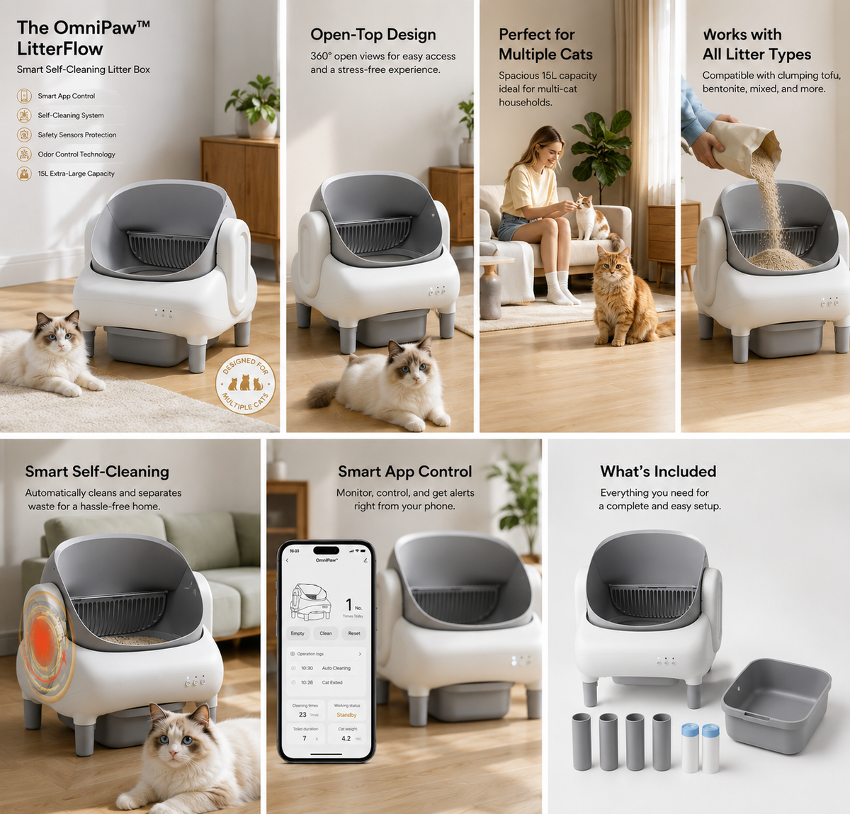 The OmniPaw™ LitterFlow Smart Self-Cleaning Litter Box